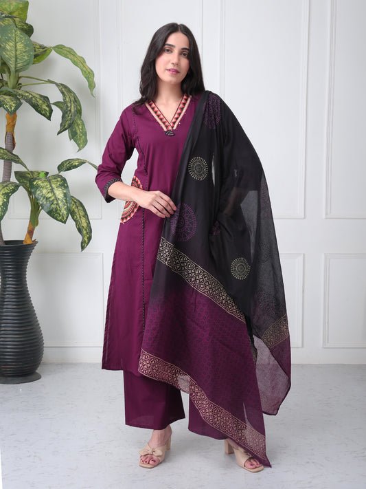 Plum Wine Cotton Suit Set with Dupatta (Side Pockets)