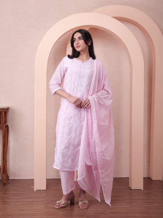 Pastel Pink Cotton Chikankari Suit Set with Dupatta