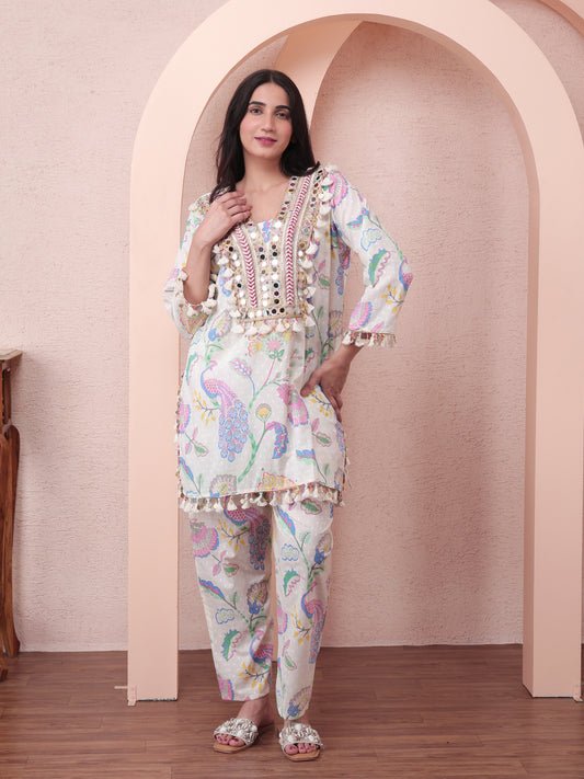 Floral Mirror work Co-ord Set | Blue