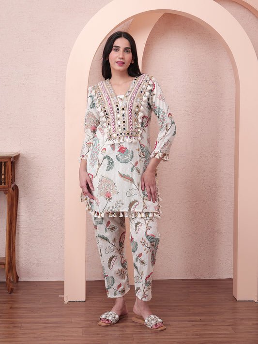 Floral Mirror work Co-ord Set | Ivory and Red