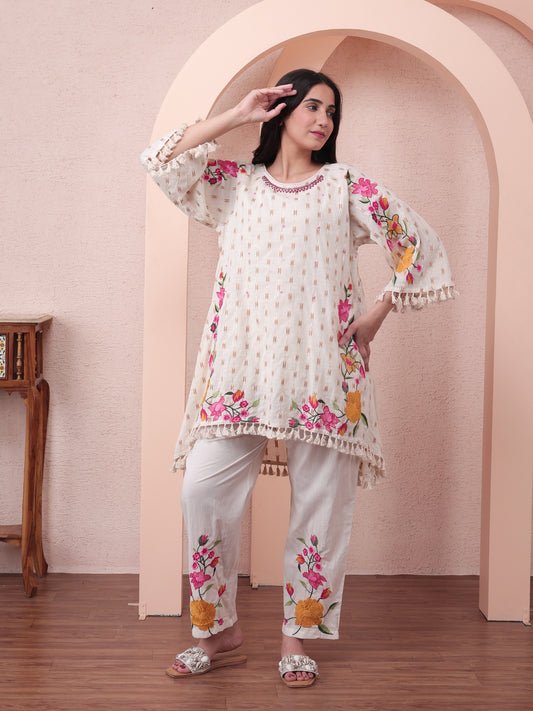 Blooming Ivory Cotton Co-ord Set with Floral Embroidery