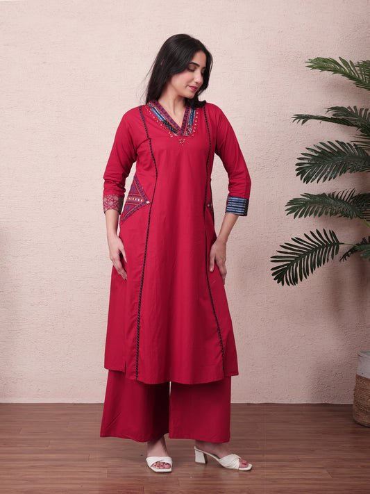 Ruby Red Cotton Kurta Pant Set with Side Pockets &amp;  Black Printed Dupatta for Women