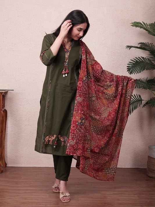 Women’s Forest Green Cotton Kurta Pant Set with Printed Dupatta