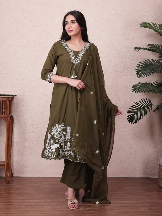 Olive Green Embroidered Cotton Suit Set with Dupatta for Women