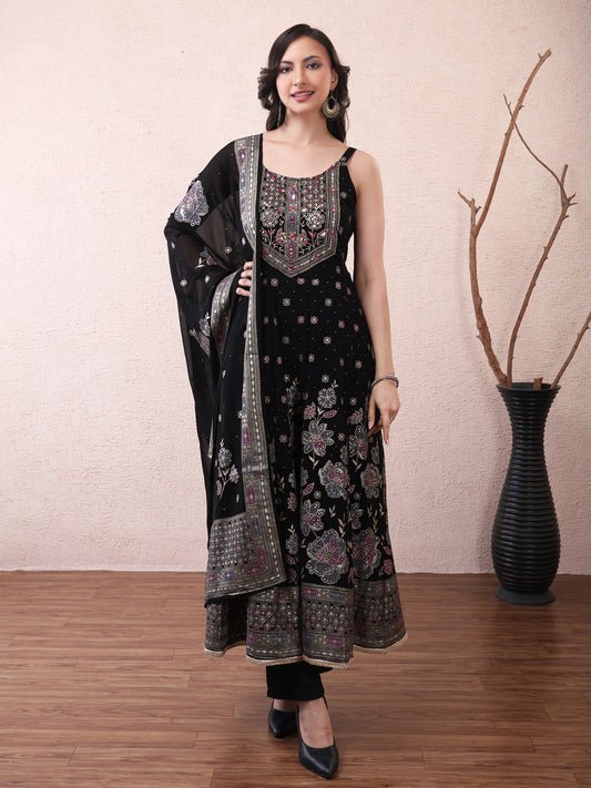 Black Floral Anarkali Suit Set for Women | Elegant Festive &amp; Party Wear