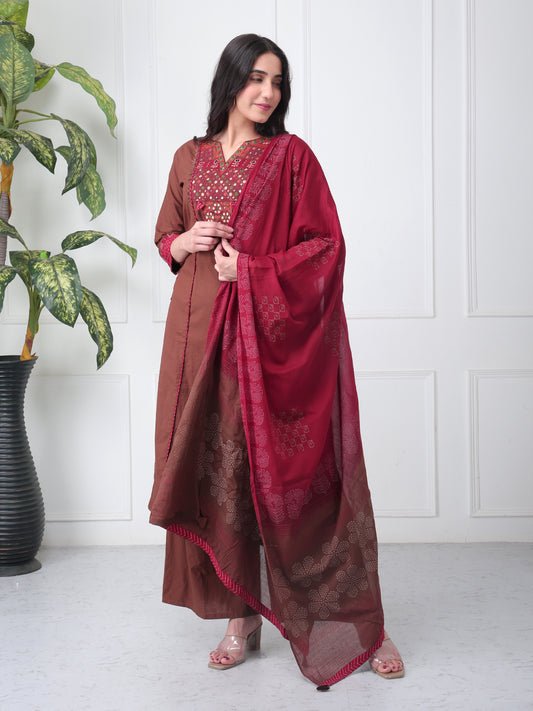 Brown Cotton Kurta Set for Women with Dupatta with Pockets