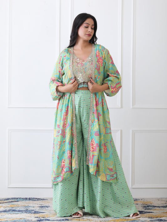 Stylish Partywear Green Indo-Western Crop Top Dress