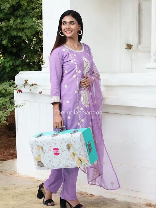Lavender Embroidered Kurta With Trousers And Dupatta