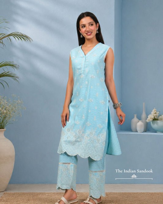 Powder Blue Schiffli Cotton Co-Ord Set for Women | Elegant Summer Co-Ord Set