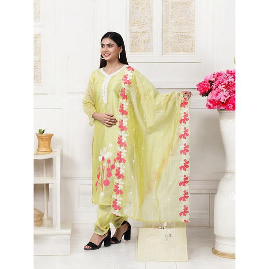 Yellow Embriodered Kurta with Trousers and Dupatta