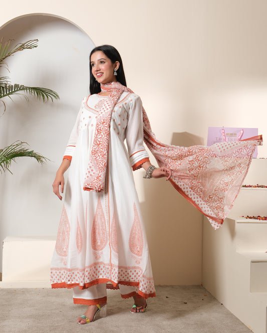 Women's White &amp; Rust Cotton Printed Anarkali Kurta Pant Set with Dupatta