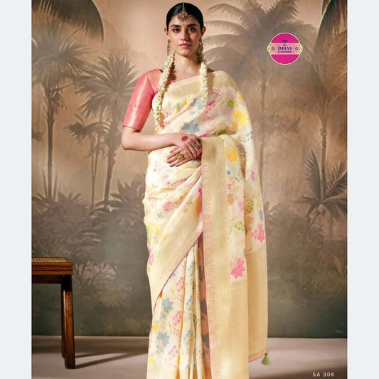 Premium White Munga Silk Enhanced With Tassels Saree