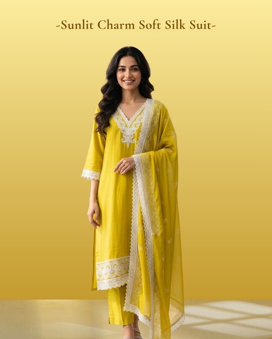 Sunlit Charm Yellow Soft Silk Suit Set with Lace Embroidered Dupatta