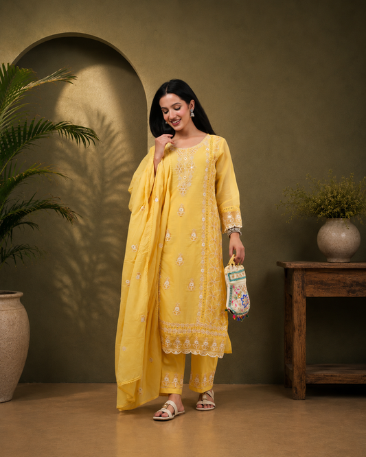 Yellow Cotton Embroidered Kurta Pant Set with Dupatta