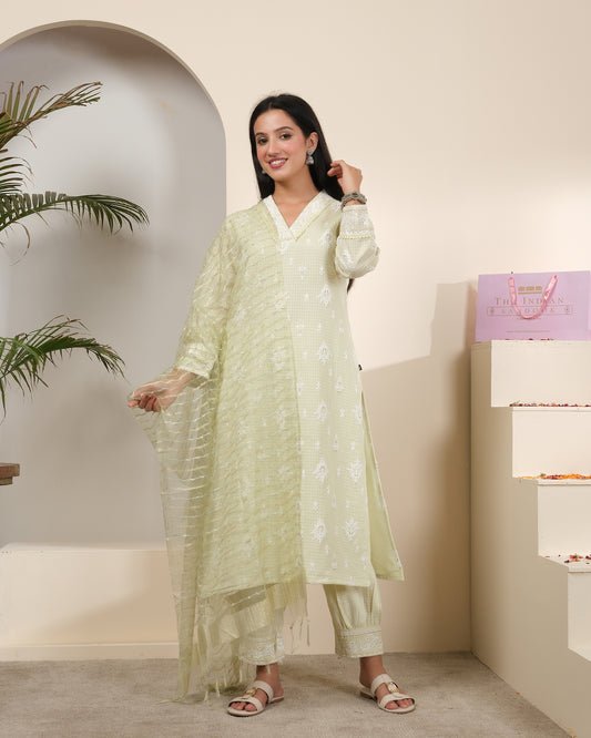 Sage Green Embroidered Cotton Kurta Set with Striped Dupatta &amp; Tassels