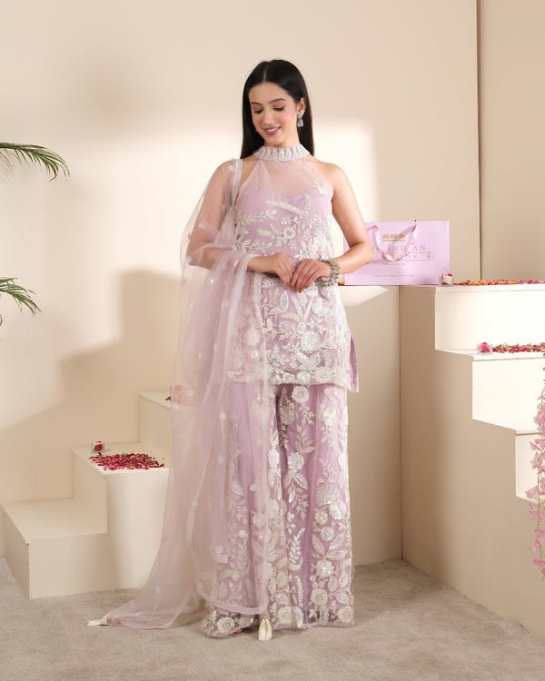 Women's Lilac Embroidered Indo-Western Halter Neck Partywear  Sharara Set