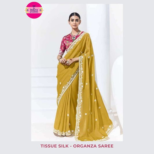 Tissue Silk Partywear Saree with Embroidered Blouse