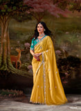 Designer Yellow Organza Saree with Turquoise  Blouse